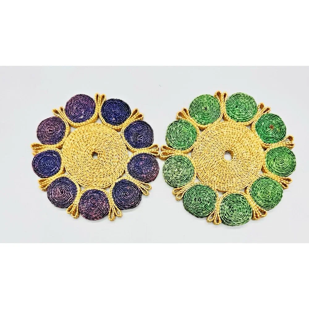 Rafia Woven Colorful Trivets Boho Style Decor Set of 2 1970s Purple Green 7 inch